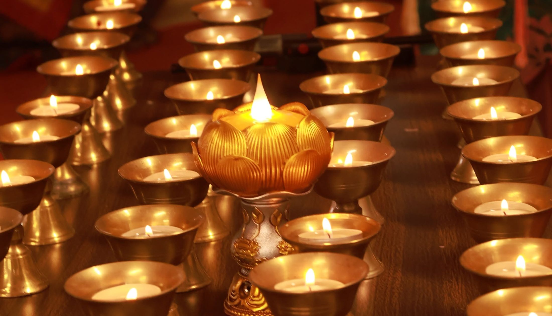 Rows of butter lamps around a golden lotus lamp.