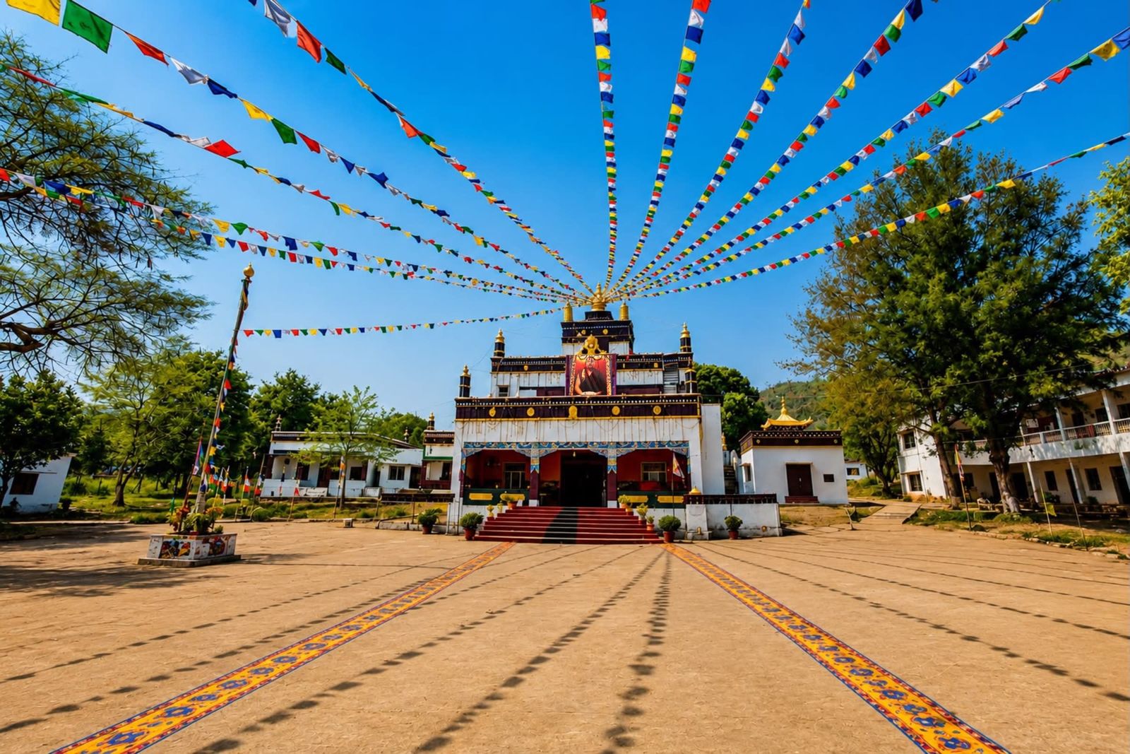 Dundul Raptenling Monastery with prayer flags radiating from the roof.